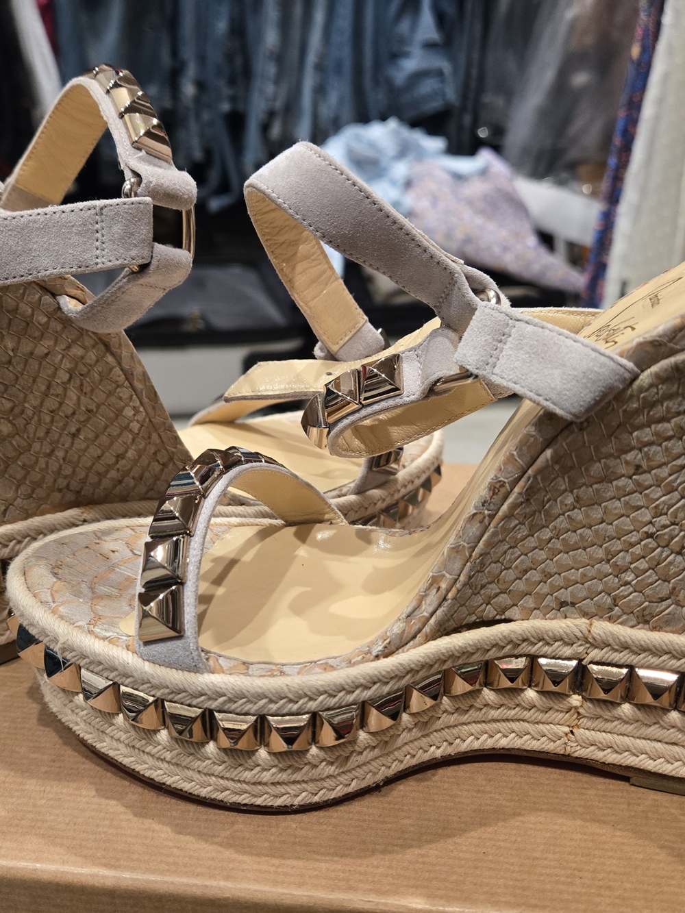 Christian Louboutin Beige Wedge Sandals with Studded Straps - Picture 5 of 7